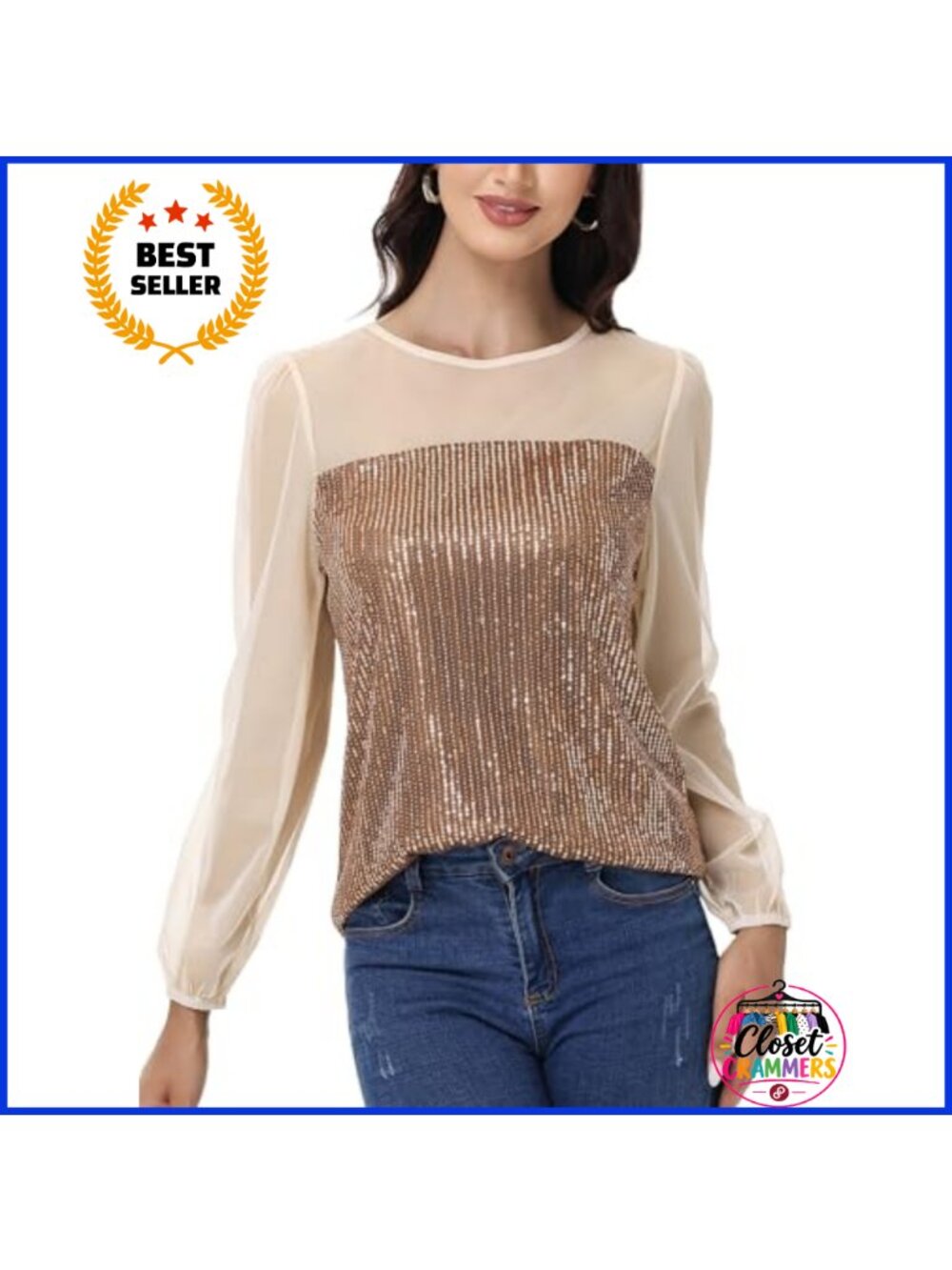 Sequin Front Blouse with Sheer Chiffon Long Sleeves Party Top